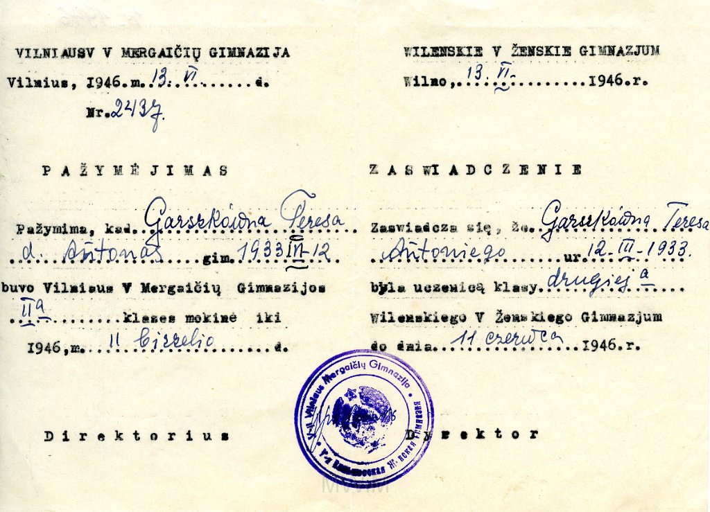 KKE 5704.jpg - (litewski-polski) Dok. Zaświadczenie szkolne II klasy z V Żeńskiego Gimnazjum Wileńskiego dla Teresy Graszko, Wilno, 11 VI 1946 r.